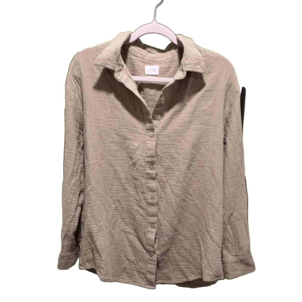 Wilfred Free Button-Up Shirt Women's Tan Organic Cotton Long Sleeve M